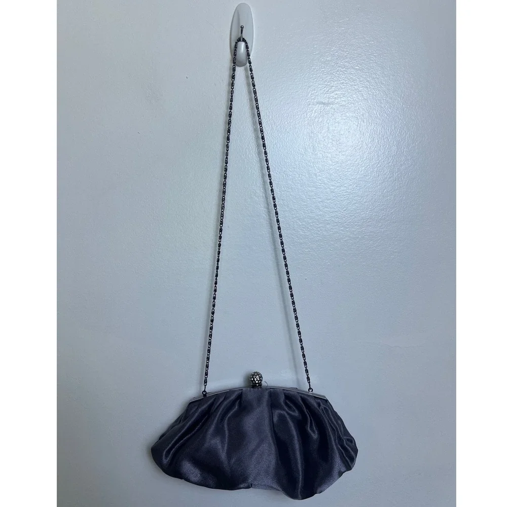 Jessica McClintock Charcoal Grey Satin Pleated Evening Clutch Crossbody Bag Glam